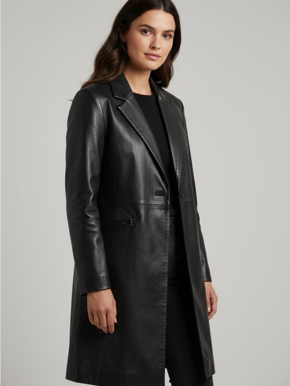 Chico’s Size 3 (14-16) Black Faux Leather Long Coat